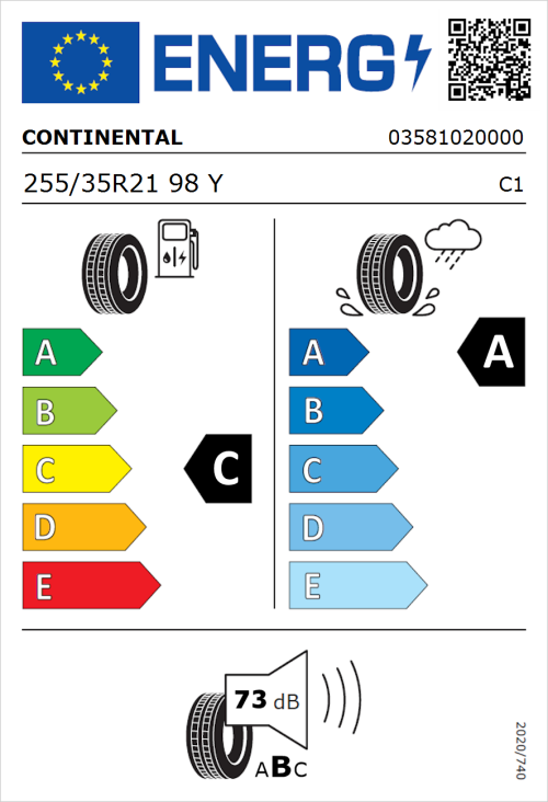 Tyre Label for Continental SportContact 6 ContiSilent 255/35R21 98Y